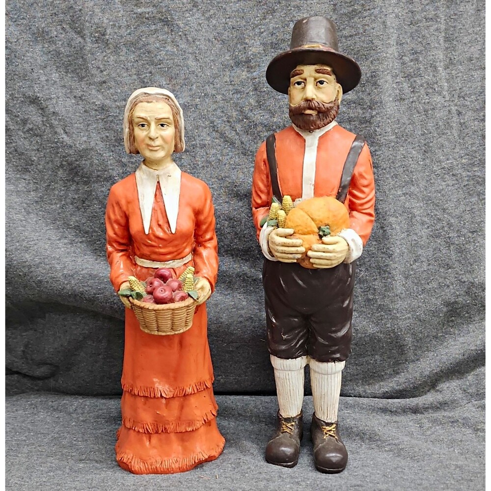Vintage Thanksgiving Pilgrim Couple Figurines Set of 2 Hand Painted Resin 11 in